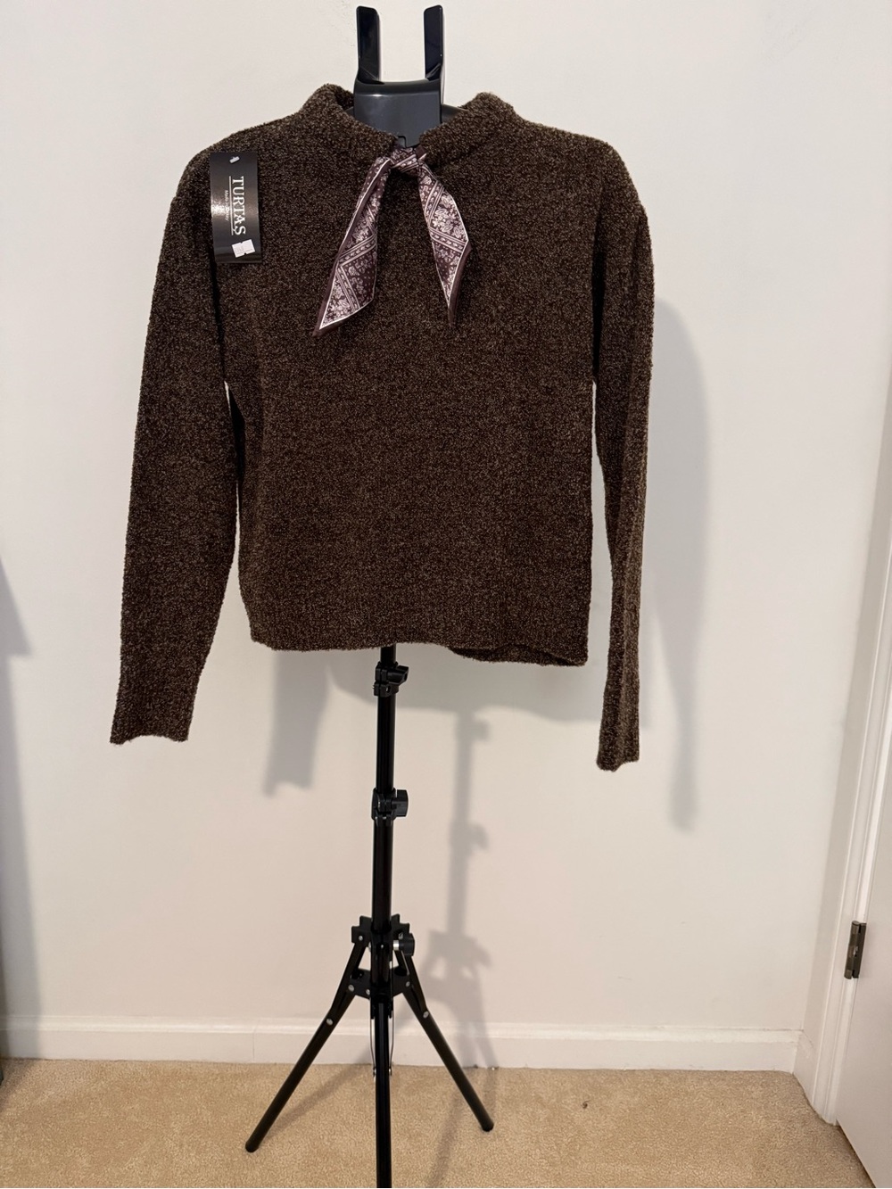 Brown Bouclé Tie-Neck Sweater- From Turkey
